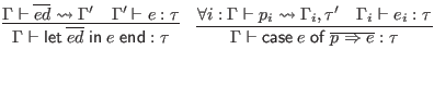 $\displaystyle \infer{\Gamma \vdash \mathsf{let} \; \overline{ed} \; \mathsf{in}...
...l i: \Gamma \vdash p_i \leadsto \Gamma_i, \tau'
& \Gamma_i \vdash e_i : \tau
}$