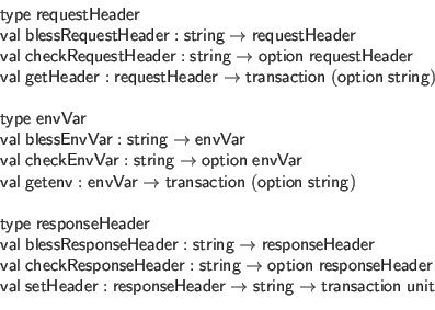 \begin{displaymath}\begin{array}{l}
\mathsf{type} \; \mathsf{requestHeader} \\ ...
...f{string} \to \mathsf{transaction} \; \mathsf{unit}
\end{array}\end{displaymath}