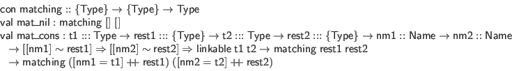 \begin{displaymath}\begin{array}{l}
\mathsf{con} \; \mathsf{matching} :: \{\mat...
...\mathsf{t2}] + \hspace{-.075in} + \;\mathsf{rest2})
\end{array}\end{displaymath}