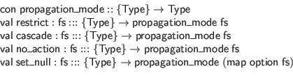 \begin{displaymath}\begin{array}{l}
\mathsf{con} \; \mathsf{propagation\_mode} ...
...\; (\mathsf{map} \; \mathsf{option} \; \mathsf{fs})
\end{array}\end{displaymath}