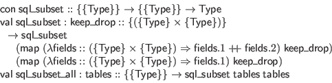 \begin{displaymath}\begin{array}{l}
\mathsf{con} \; \mathsf{sql\_subset} :: \{\...
...{sql\_subset} \; \mathsf{tables} \; \mathsf{tables}
\end{array}\end{displaymath}