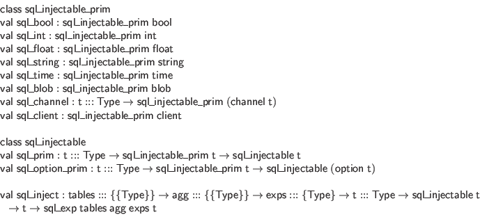 \begin{displaymath}\begin{array}{l}
\mathsf{class} \; \mathsf{sql\_injectable\_...
...les} \; \mathsf{agg} \; \mathsf{exps} \; \mathsf{t}
\end{array}\end{displaymath}