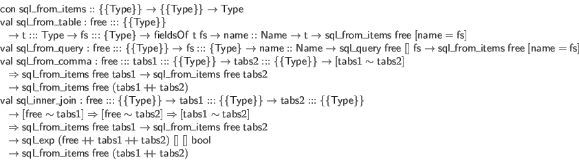 \begin{displaymath}\begin{array}{l}
\mathsf{con} \; \mathsf{sql\_from\_items} :...
...athsf{tabs1} + \hspace{-.075in} + \;\mathsf{tabs2})
\end{array}\end{displaymath}