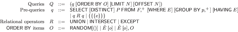 \begin{displaymath}\begin{array}{rrcll}
\textrm{Queries} & Q &::=& (q \; [\math...
...OM} [()] \mid \hat{E} \; [o] \mid \hat{E} \; [o], O
\end{array}\end{displaymath}